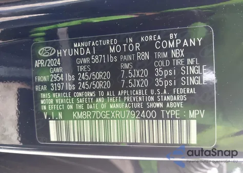 2024 Hyundai Palisade Calligraphy z USA, uszkodzony, nr VIN KM8R7DGEXRU792400